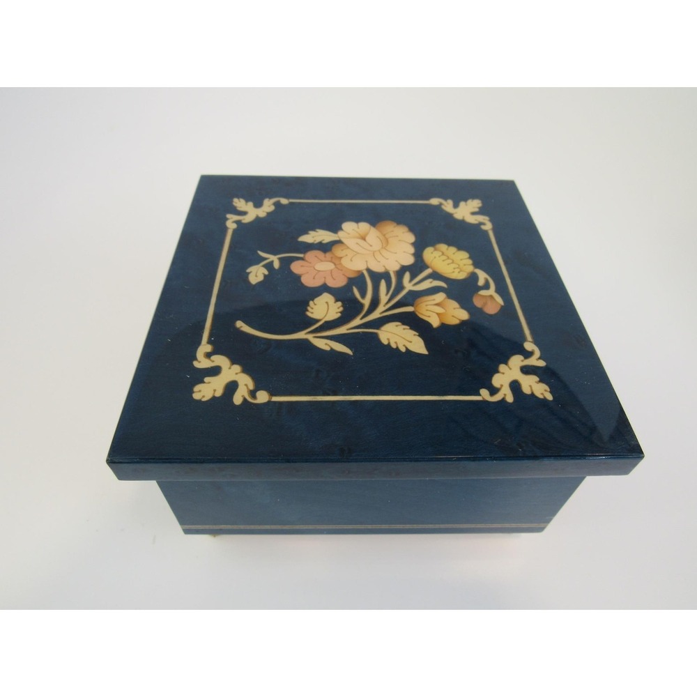 Vintage Reuge Blue Wood Inlay Music Jewelry Box That's What Friends Are For 6186